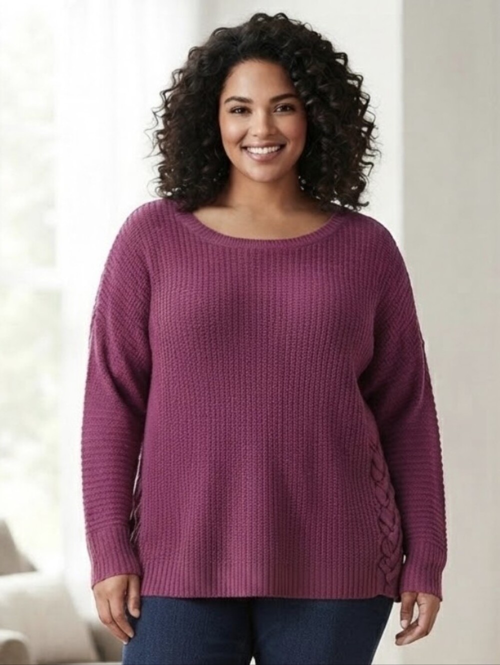 CJ Banks Women's Oversized Magenta Knit Sweater with Side Lace Detail